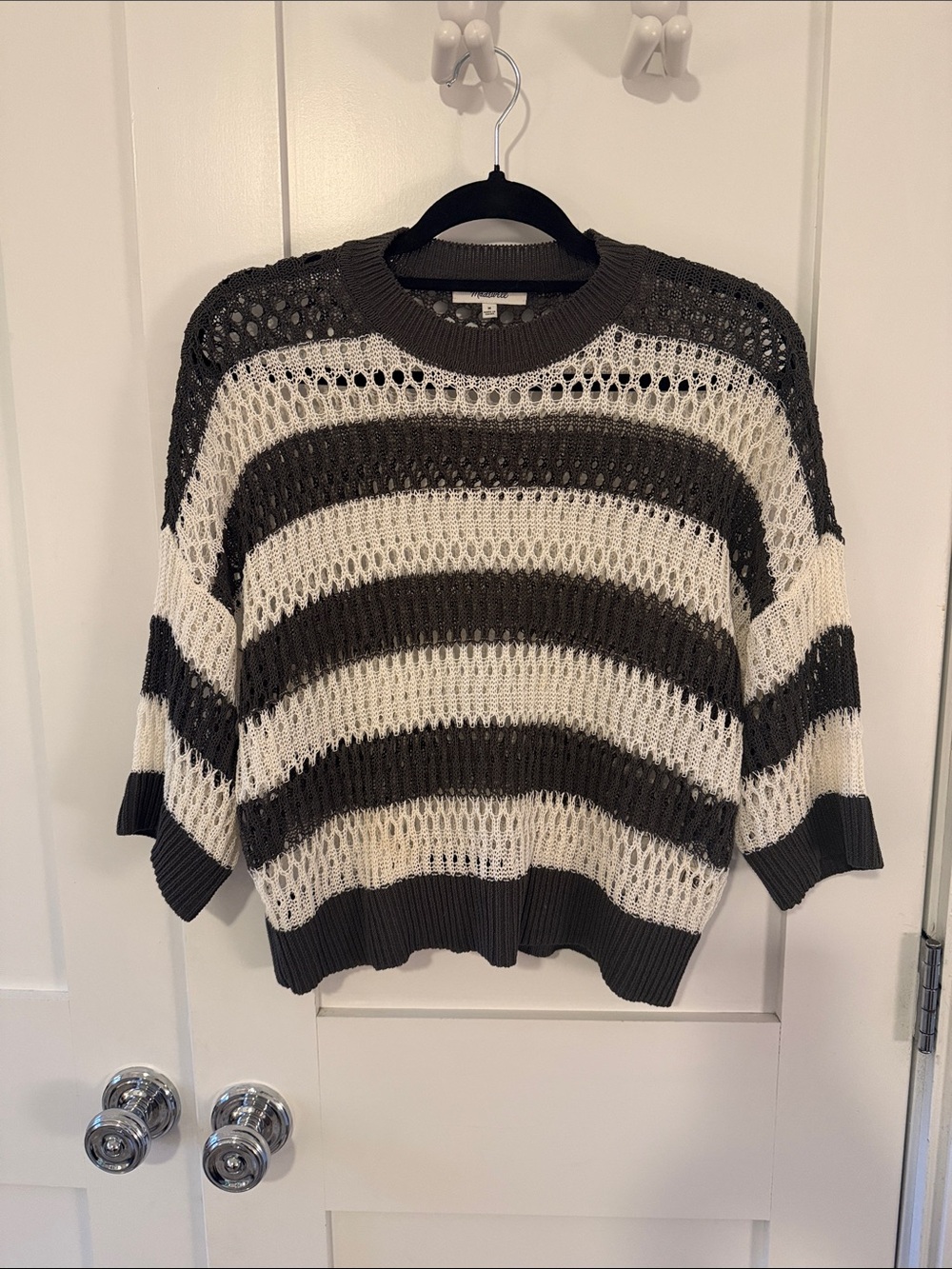 Madewell Open-Knit Striped Crewneck Sweater in Cream and Dark Olive